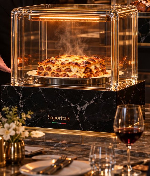 La teca di vetro Atelier con l'infrarosso acceso sopra una lasagna in gratinatura, su piedistallo di marmo nero