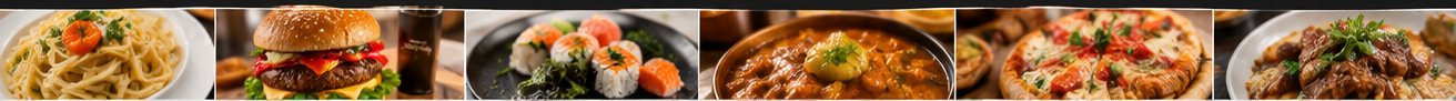 Piatti dalle cucine del mondo: pasta, burger, sushi, curry, pizza, carne