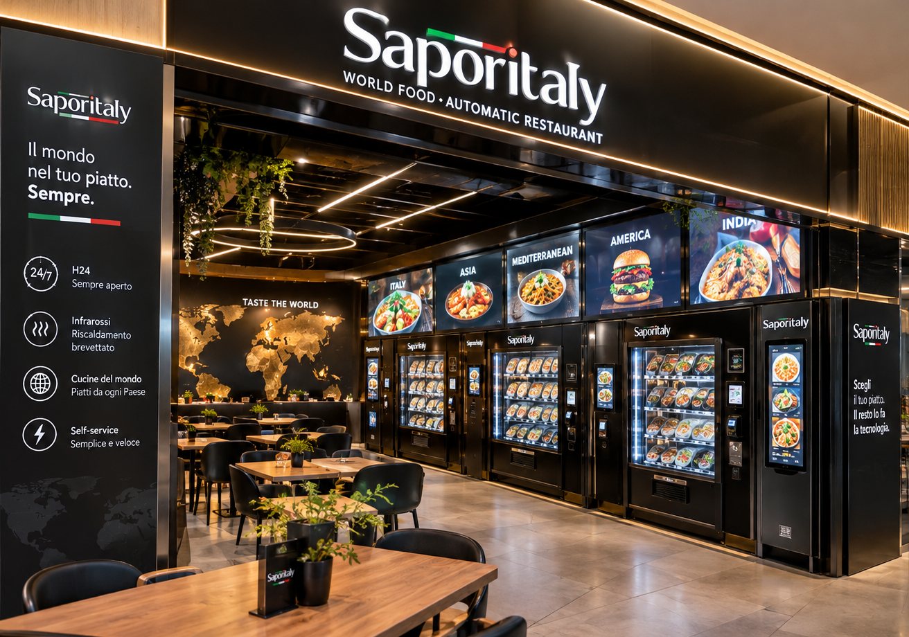 Concept di un World Food Point Saporitaly con parete di macchine e sala