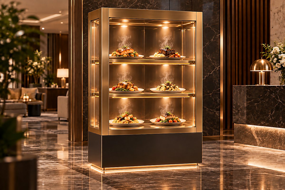 Saporitaly IR-30: vetrina luxury in vetro e ottone con sei piatti gourmet illuminati, in una lobby d'hotel