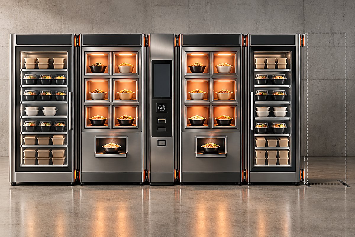 Saporitaly IR-Hub: sistema modulare con moduli food e frigo, torre pagamenti centrale e ampliamento futuro