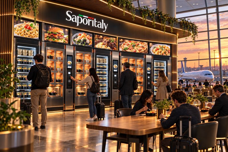 World Food Point Saporitaly in un terminal aeroportuale al tramonto
