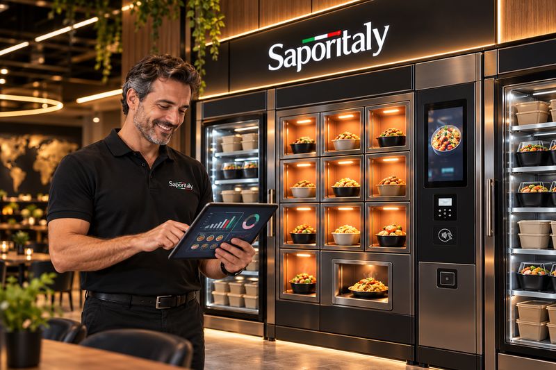 Gestore di un punto Saporitaly controlla vendite e scorte su un tablet