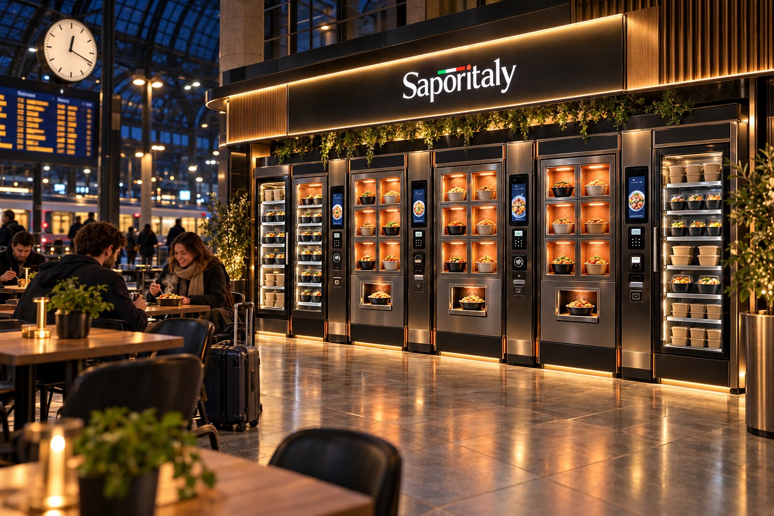 World Food Point Saporitaly in una stazione ferroviaria di sera, con viaggiatori ai tavoli
